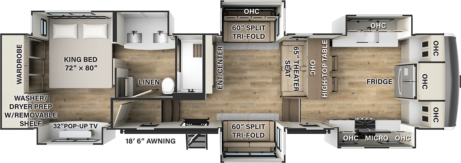 The 388FK has 5 slide outs, three on the road side and two on the camp side, along with one entry door on the camp side. Interior layout from front to back: front kitchen with residential refrigerator, road side slide out containing double basin sink, cabinets and overhead microwave; the camp side slide out containing cabinets, oven and cooktop. Living room with theater seat and entertainment center, road side slide out containing trifold sofa; camp side slide out containing trifold sofa; side aisle bathroom with road side slide out containing two sinks and cabinets; rear bedroom with king size bed in road side slide. Exterior storage below the rear bedroom.  
